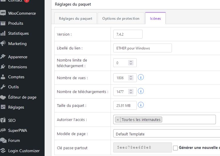 Screenshot package settings (icons tab selected)